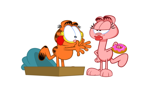 Une chatte rose qui tient un beigne en regardant Garfield