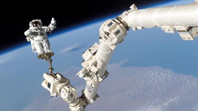 L'astronaute Stephen K. Robinson ancré sur le bras canadien