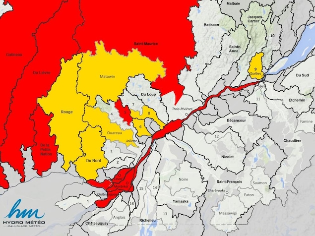 Carte des secteurs touchés par des inondations (en rouge) et des veilles d'inondation (en jaune).