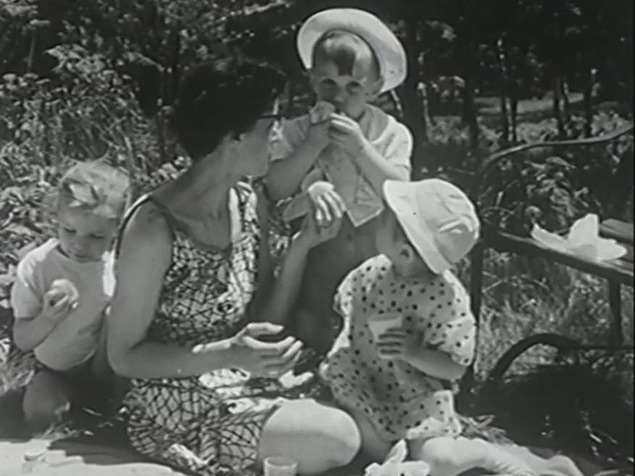 Mère accroupie sur une nappe de pique-nique, entourée de trois enfants qui mangent des fruits. Mère accroupie sur une nappe de pique-nique, entourée de trois enfants qui mangent des fruits.