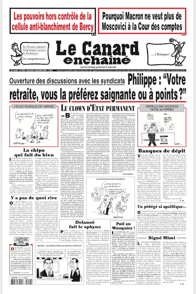 La une du <i>Canard enchaîné</i> du 4 septembre 2019. La une du <i>Canard enchaîné</i> du 4 septembre 2019.