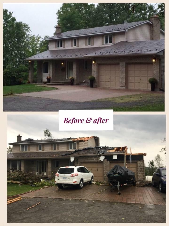 Une photo montrant l'extérieur d'une maison avant et après les ravages d'une tornade. Une photo montrant l'extérieur d'une maison avant et après les ravages d'une tornade.