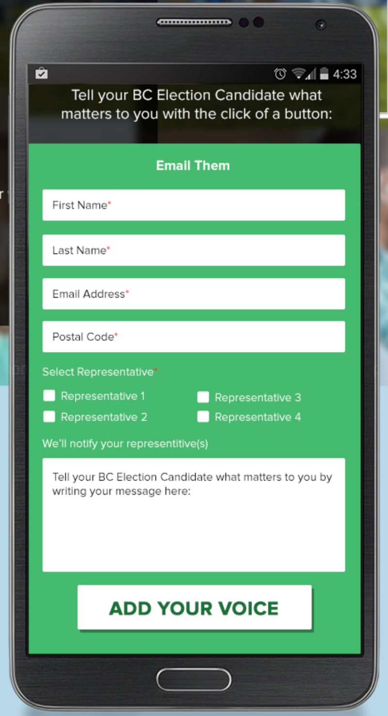 Interface du site BCvoters.ca sur un téléphone cellulaire Interface du site BCvoters.ca sur un téléphone cellulaire