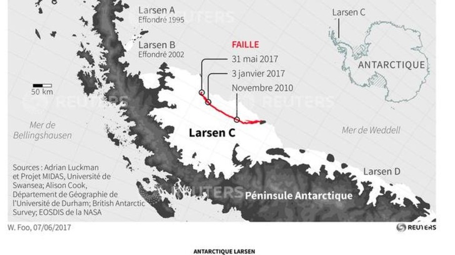 Carte de la barrière de glace Larsen C en Antarctique. Carte de la barrière de glace Larsen C en Antarctique.