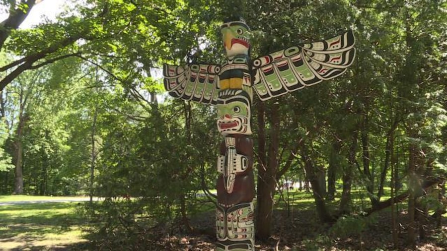 Le totem dressé dans le parc à côté des arbres Le totem dressé dans le parc à côté des arbres
