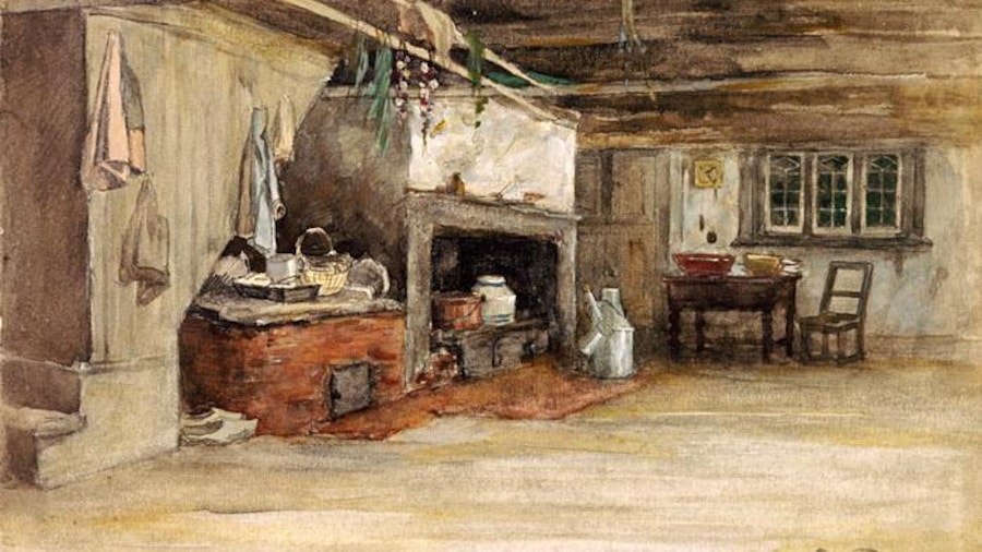 Une toile représente l'intérieur d'une maison canadienne de 1886. Une toile représente l'intérieur d'une maison canadienne de 1886.