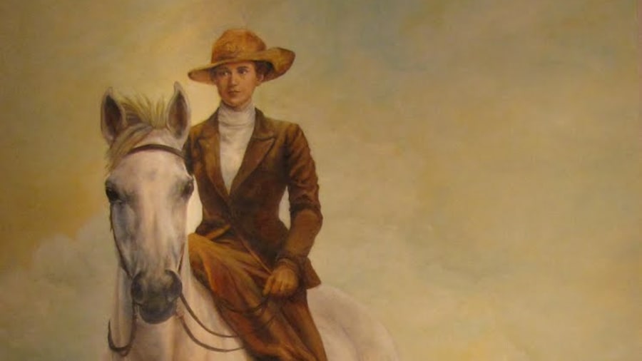 Huile sur toile représentant Elsie Reford, cavalière, exposée à la Villa Estevan, Grand-Métis Huile sur toile représentant Elsie Reford, cavalière, exposée à la Villa Estevan, Grand-Métis