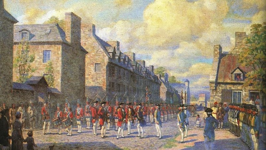 Un bataillon de soldats anglais parade dans les rues de Montréal sur la peinture i>Capitulation de Montréal en 1760</i>. Un bataillon de soldats anglais parade dans les rues de Montréal sur la peinture i>Capitulation de Montréal en 1760</i>.