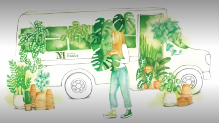 Le dessin d'un autobus qui transporte des plantes.