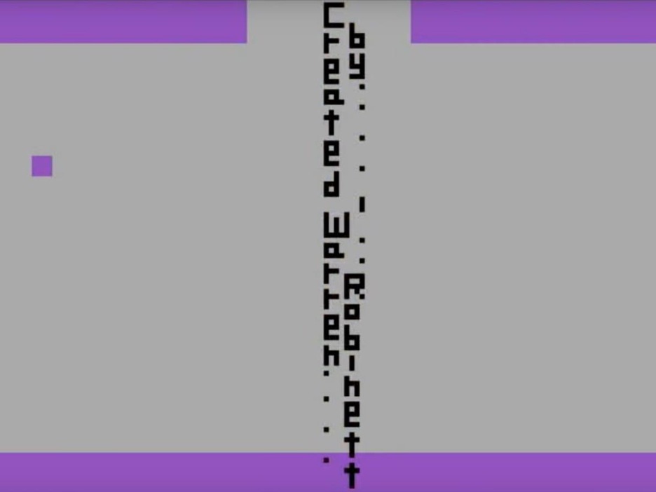 Une capture d'écran du jeu Adventure montrant le message caché « Créé par Warren Robinett ». Une capture d'écran du jeu Adventure montrant le message caché « Créé par Warren Robinett ».