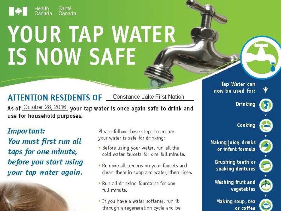 L'avis officiel de Santé Canada qui dit que l'eau du robinet est sécuritaire. L'avis officiel de Santé Canada qui dit que l'eau du robinet est sécuritaire.