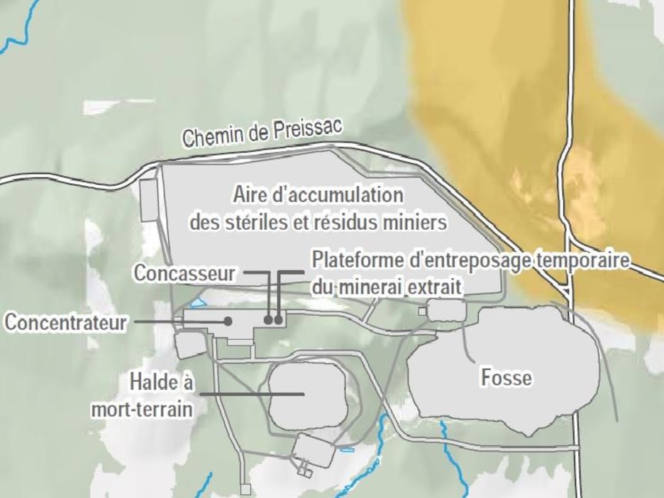 Carte du projet. En orange apparaît l'esker, la formation géologique qui filtre l'eau naturellement. Carte du projet. En orange apparaît l'esker, la formation géologique qui filtre l'eau naturellement.