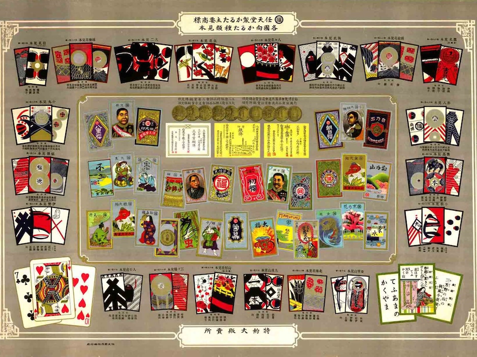Une affiche montrant différentes cartes à jouer colorées et ornées de symboles japonais. Une affiche montrant différentes cartes à jouer colorées et ornées de symboles japonais.