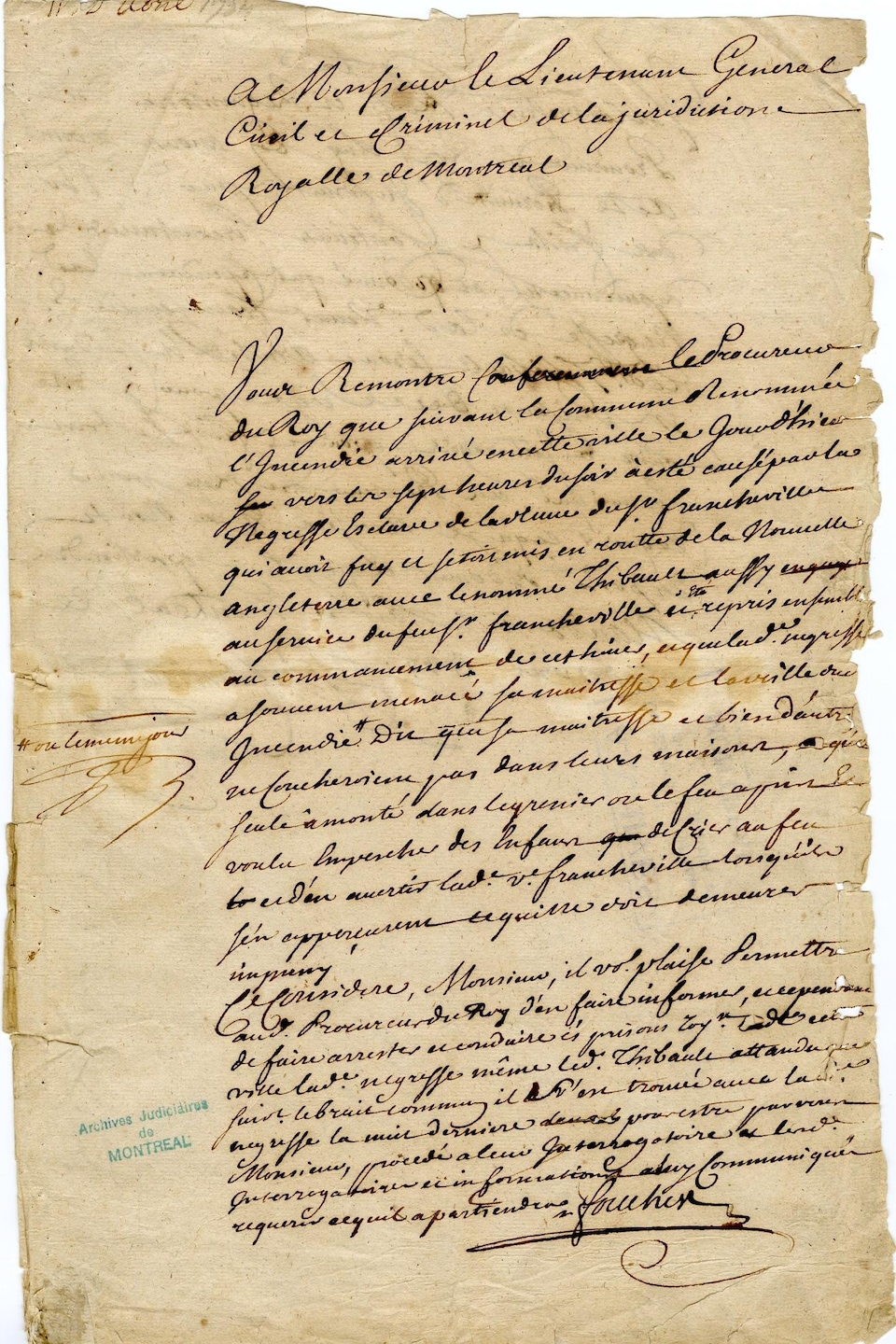 Une page dossier de la poursuite contre Marie-Josèphe-Angélique, daté du 11 avril 1734. Une page dossier de la poursuite contre Marie-Josèphe-Angélique, daté du 11 avril 1734.