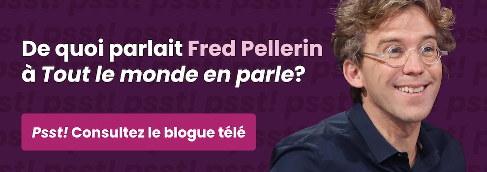 Fred Pellerin regarde devant lui. Texte : De quoi parlait Fred Pellerin à Tout le monde en parle.